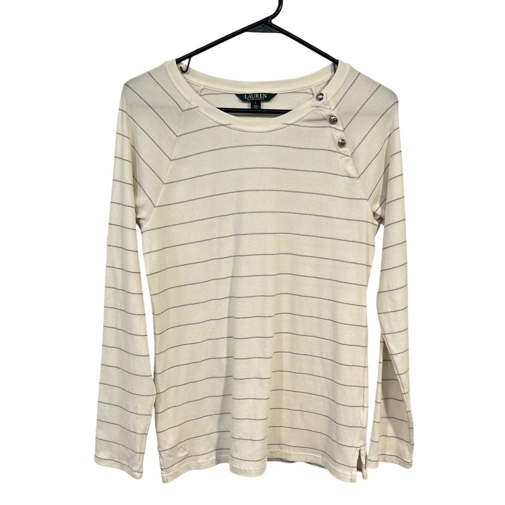 Lauren Ralph Lauren Striped Button Shoulder Top L Silver‎ White Minimal Classic